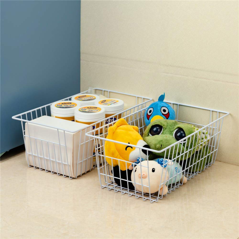SANNO Wire Storage Baskets Set of 2 - 15.7" White-2P Bins for Home, Office, Bathroom, Pantry Organization