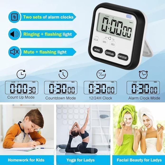 Aerys Digital Kitchen Timer And Stopwatch, Large Lcd Display, 24-Hour Countdown, Loud Alarm, Magnetic Back, Retractable Stand, F