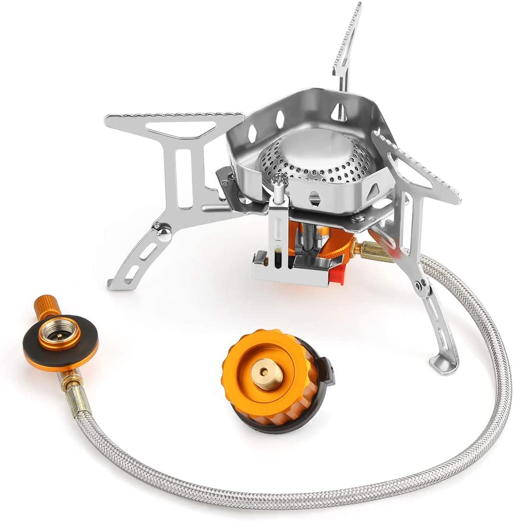 NEAR STOP Windproof Portable Backpacking Stove Burner with Piezo Ignition,Stove Adapter,Plastic Storage Box,Strong Firepower,Lig