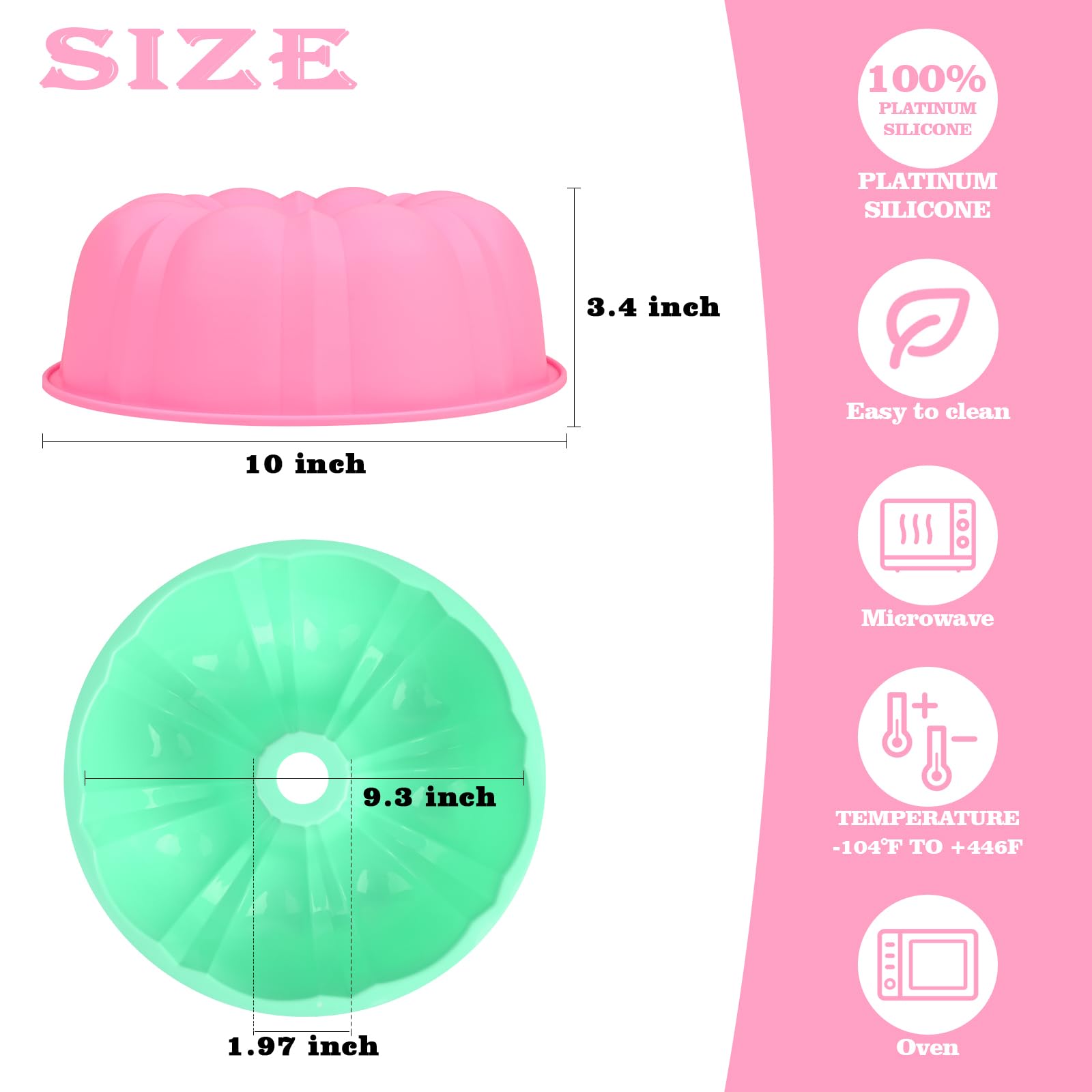 Huakener 10 Inch Bundt Cake Pan (2 Pack) - 12 Cups Nonstick Fluted Tube Pan, Large Size Silicone Baking Molds For Cake, Brownie,