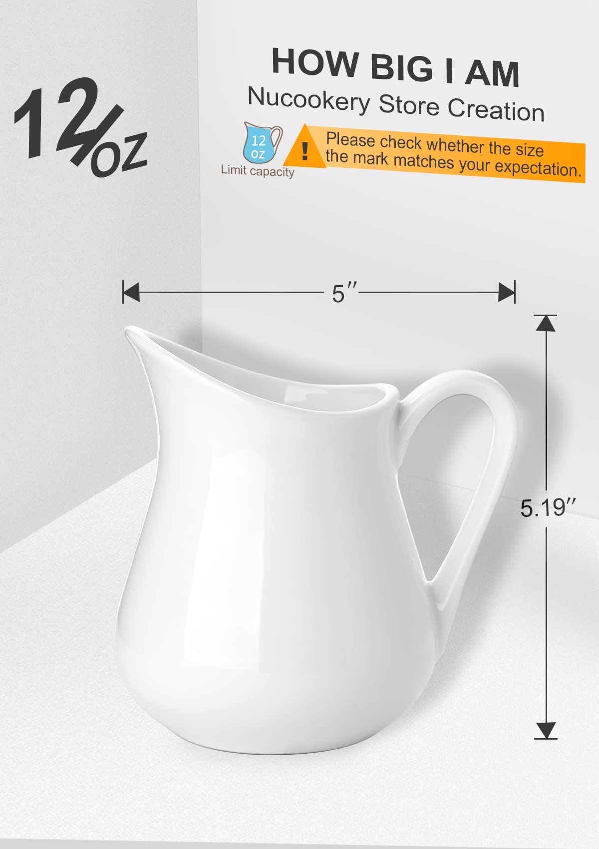 Nucookery 12 Oz Ceramic Creamer With Handle, White Coffee Milk Pitcher, Porcelain Creamer Container Holder For Sauces Salad Coff