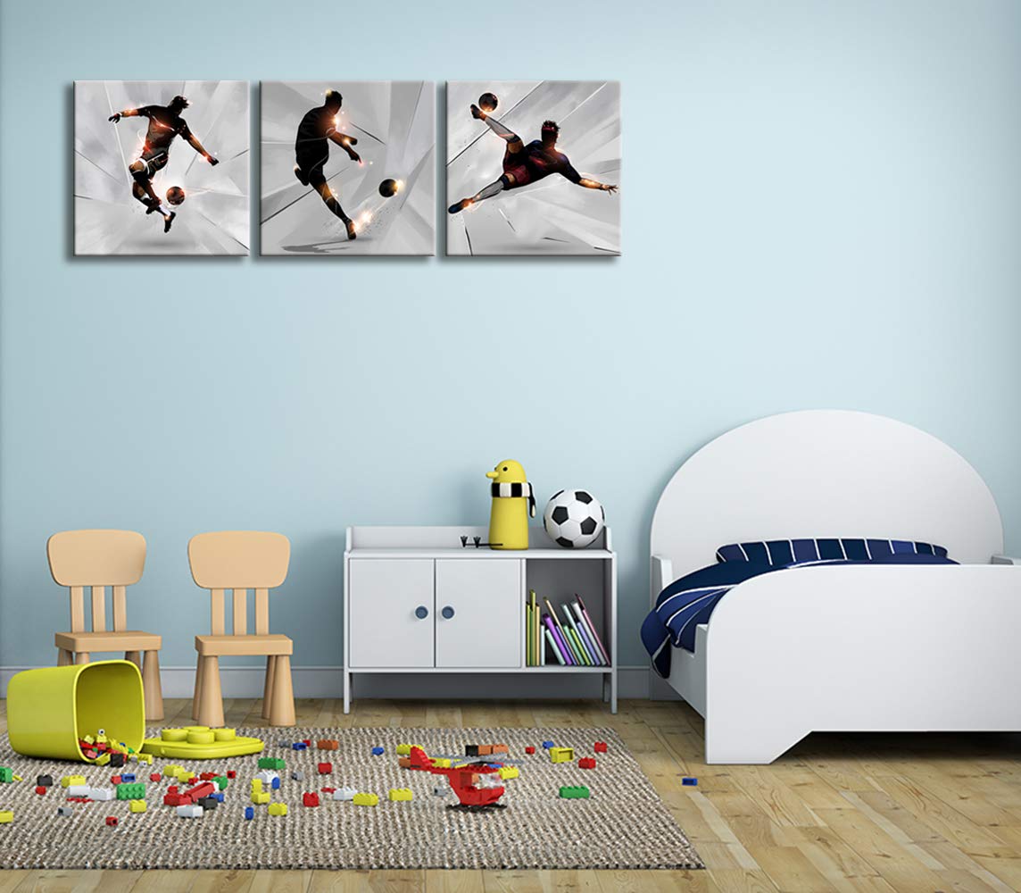 Klvos 3 Piece Soccer Wall Art For Teen Boys Abstract Sports Themed Picture Giclee Print On Canvas Kids Room Decor Football Art G