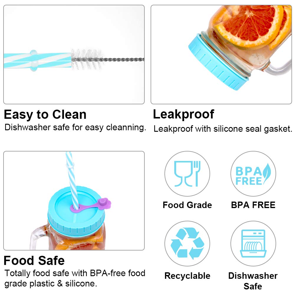 Regular Mouth Mason Jar Lids For Ball, Kerr, Etc With Straw Hole/Straws/Silicone Stoppers/Rings/Clean Brush, Bpa Free Colored Pl