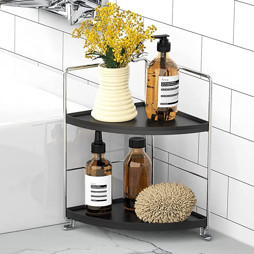 Kitchen Spice Rack Standing Shelf, 2-Tier Corner Storage Shelf, Bathroom Countertop Organizer, Vanity Tray Cosmetic & Makeup Sto