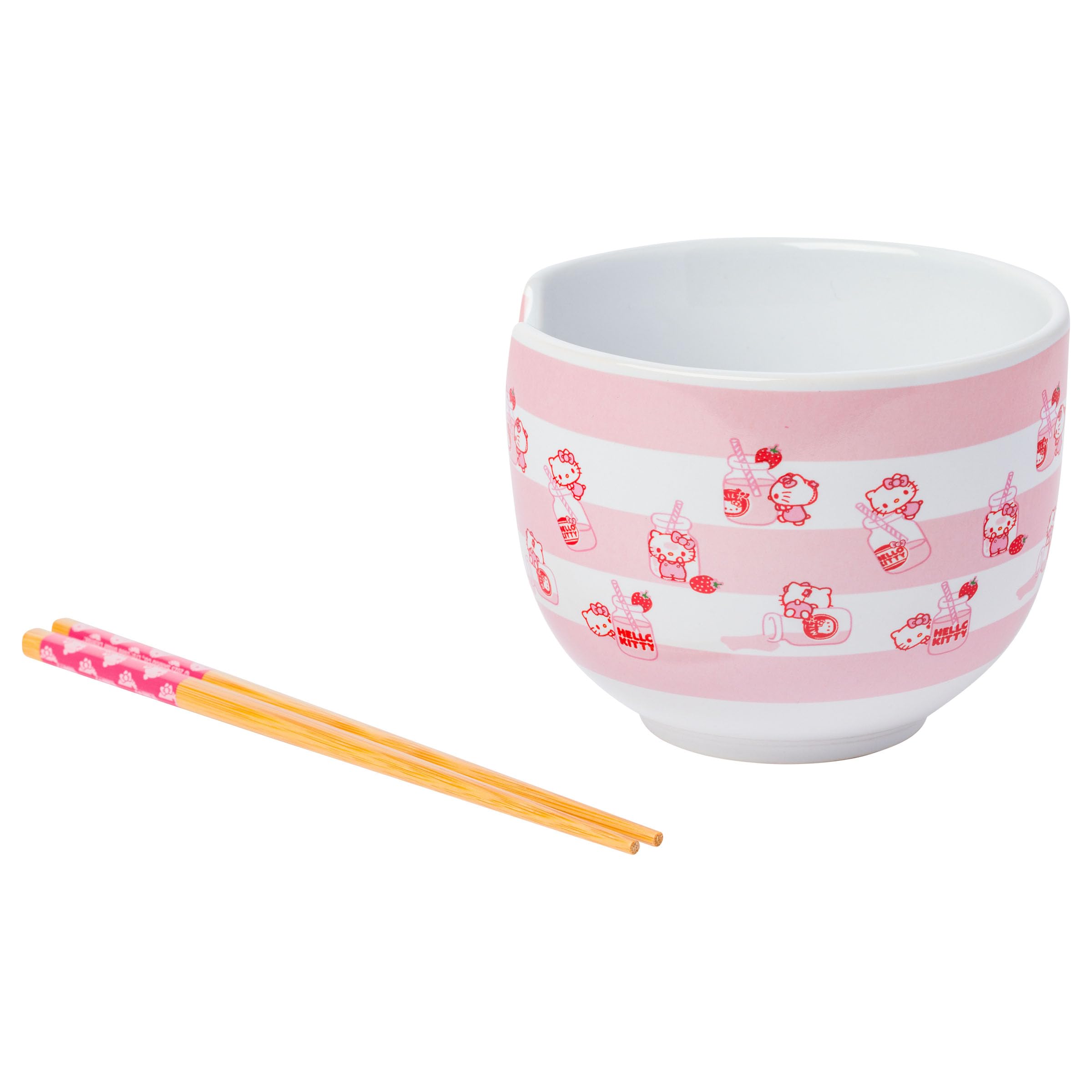 Silver Buffalo Sanrio Hello Kitty Strawberry Milk Pattern Ceramic Ramen Noodle Rice Bowl With Chopsticks, Microwave Safe, 20 Oun