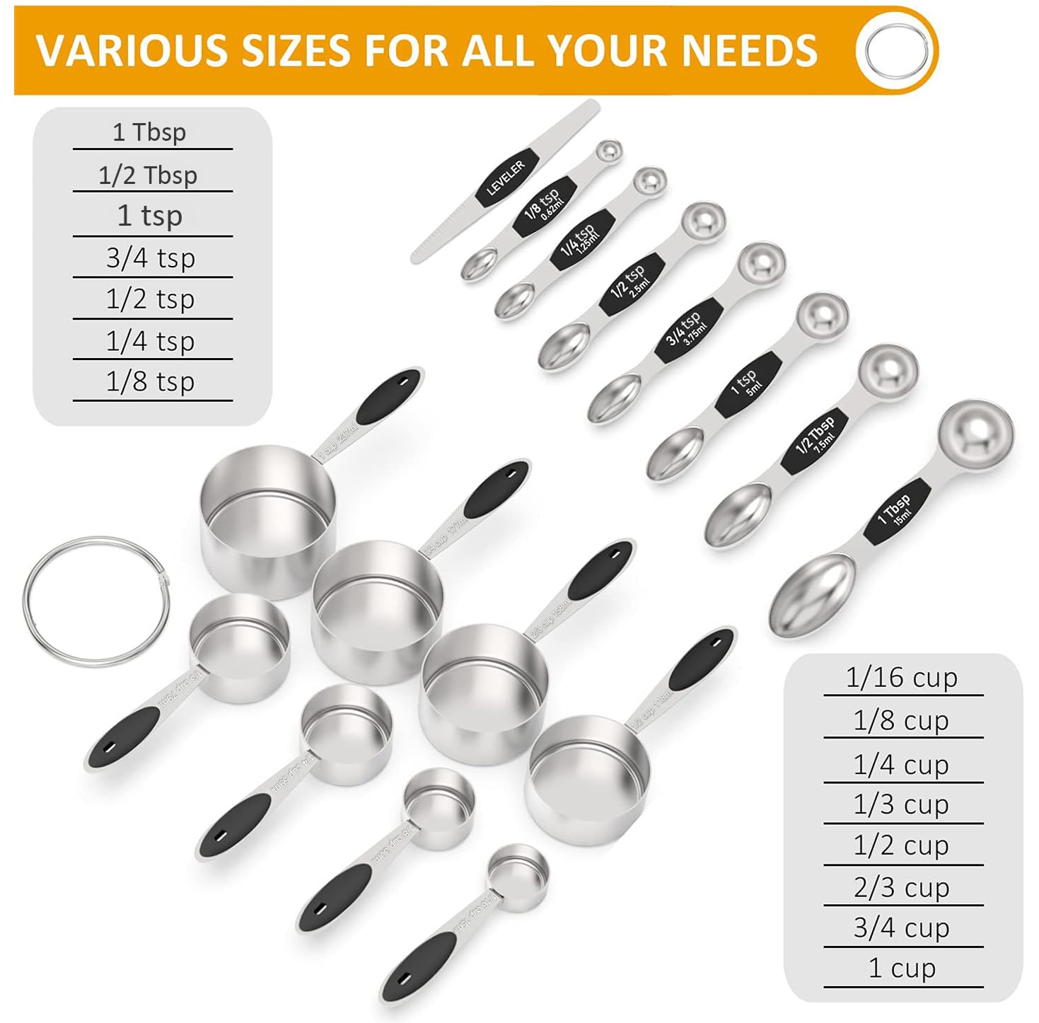 Wildone 16Pc Stainless Steel Measuring Cups Set, 8 Measuring Cups & 7 Double-Sided Magnetic Measuring Spoons Stackable & 1 Level