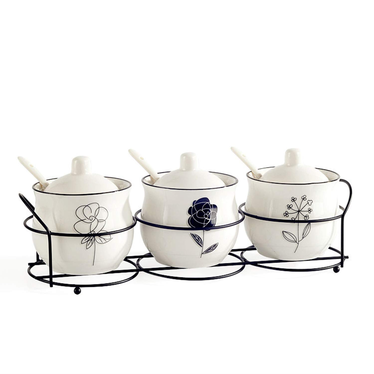 Ceramic Spice & Sugar Jars, With Lids Spoons And Shelf,Porcelain Condiment Kitchen Jar Spice Container Set, 230 Ml,3 Pcs