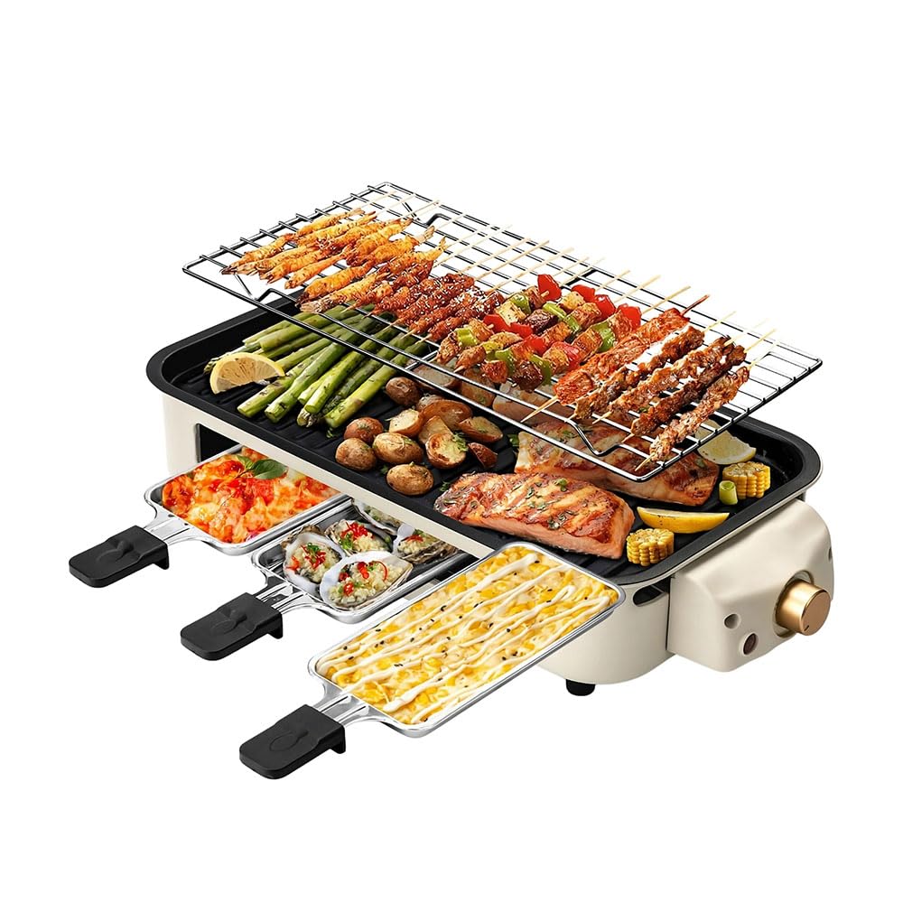 OVENTE 2-in-1 Electric Indoor Grill, 1500W Smokeless Korean BBQ Griddle with Non-Stick Removable Cooking Plate, 3 Raclette Chees