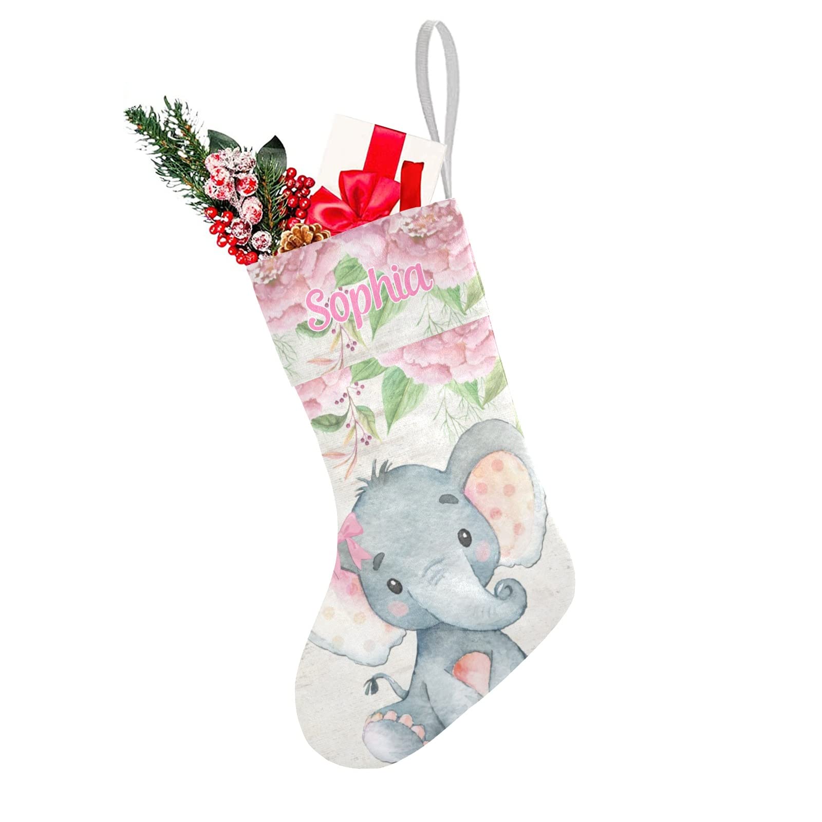 Personalized Christmas Stocking Pink Floral Elephant Santa Socks with Name Custom for Xmas Party Decoration Gift for Family Frie