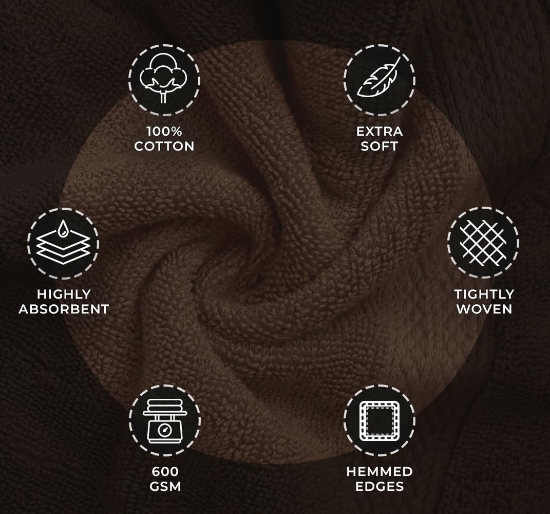 Avalon Towels Luxury 8 Piece Towels Set  2 Bath Towels  2 Hand Towels and 4 Washcloths Ring Spun Cotton 600 GSM  Highly Soft and Absorbent Towels for Bathroom  Hotel and Spa Quality (Brown)