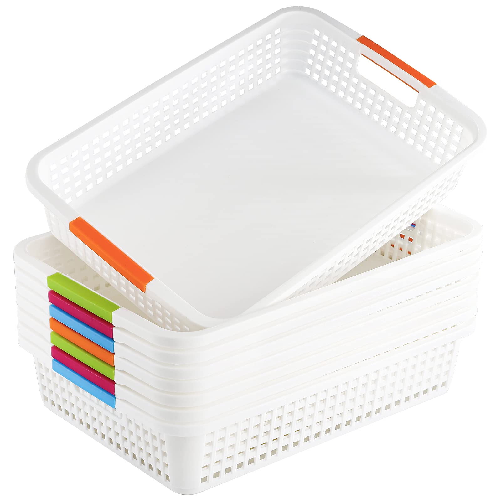 Lawei 8 Pack Large Plastic Storage Basket With Handle - 15 X 10 X 3 Inch Pantry Organizer Basket Bins Desktop Paper Storage Bask