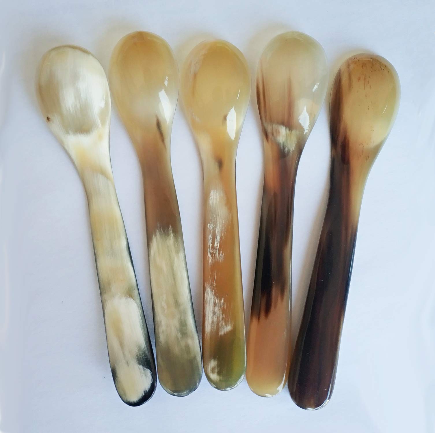 Duebel Set Of 5 Naturally Handcrafted Buffalo Horn Spoons, 5.6'' X 1.1'' Dinner Ware Serving Spoon (Light Color)
