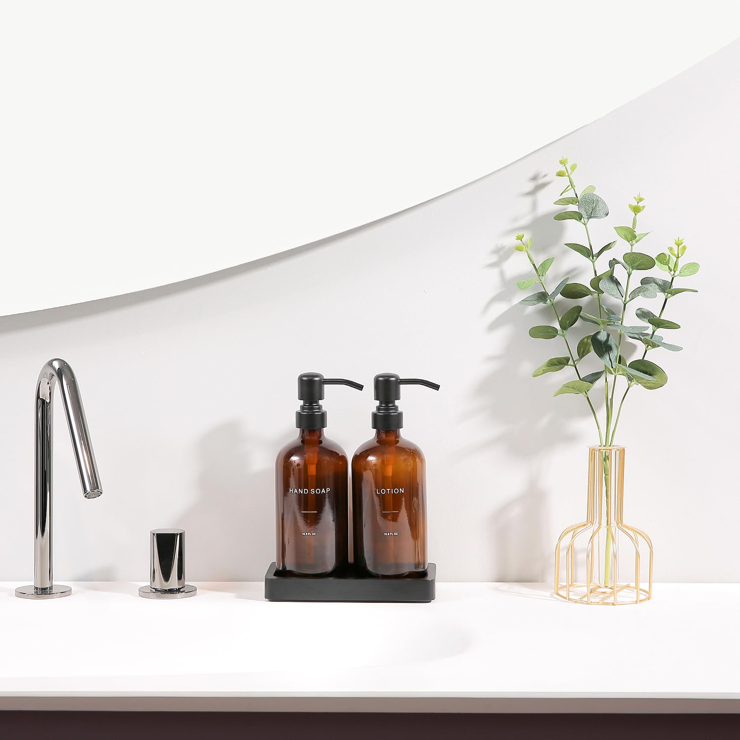 Prus Waso Amber Glass Soap Dispenser Set, Hand Soap And Lotion Set With Black Stainless Steel Pump, Perfect For Modern Bathroom