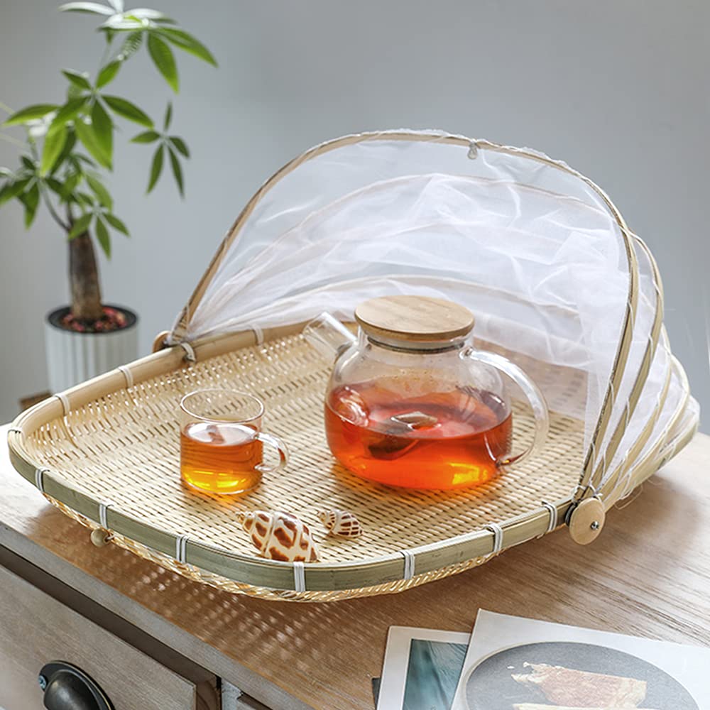 Food Bamboo Food Serving Tent Basket Hand-Woven Basket Serving Dustproof Picnic Basket Vegetable Fruits Bread Food Home Square F