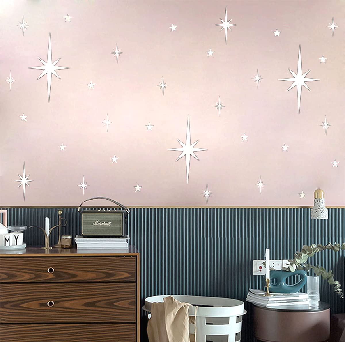 Retro Starburst Mirror Wall Decals Silver 3D Acrylic Sparkle Wall Decors Star Wall Stickers Removable Star Decals Bathroom Bedro