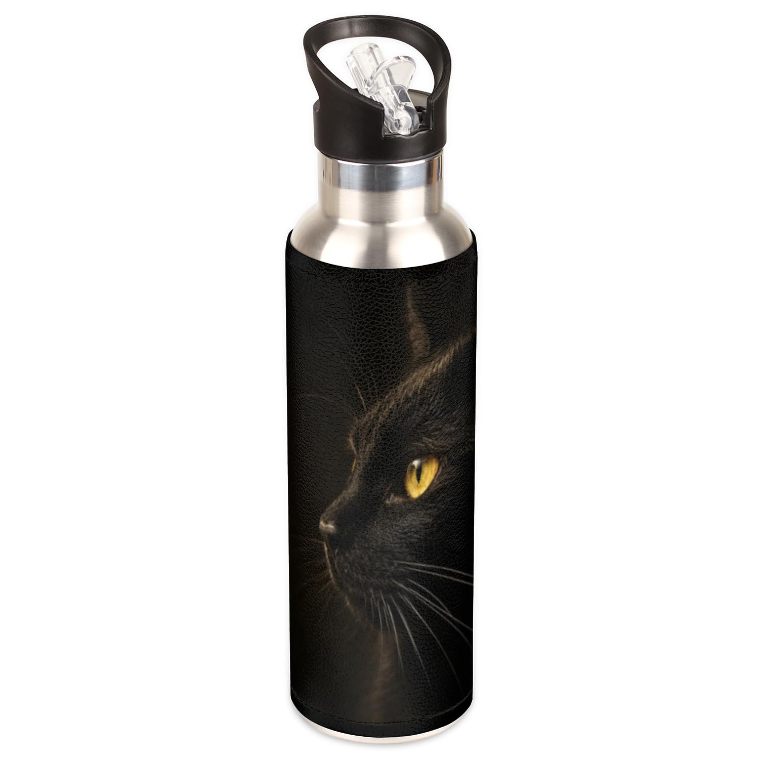 Insulated Stainless Steel Water Bottle with Straw 20oz Cute Black Animal Cat Sports Water Bottles BPA Free Leakproof Metal Vacuu