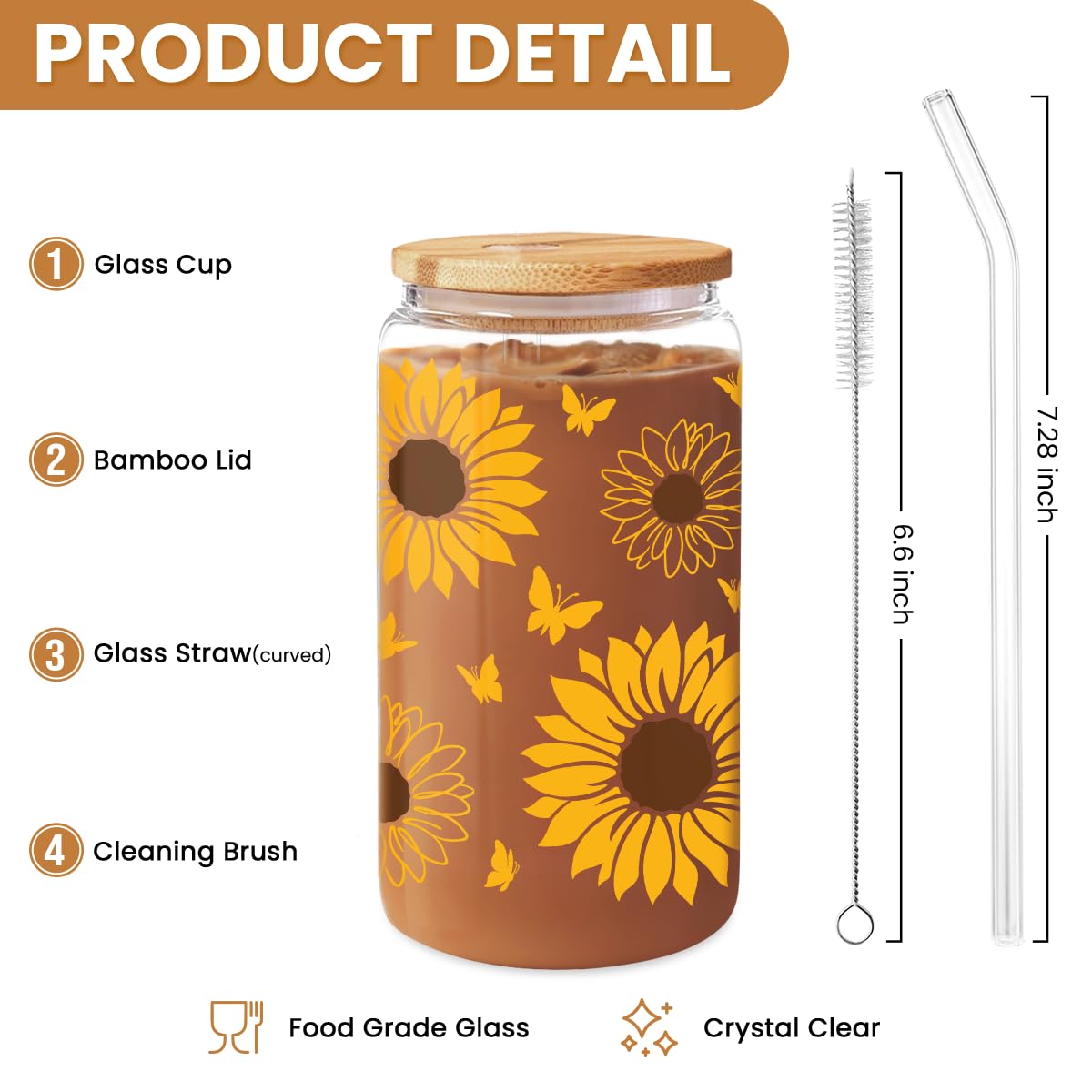 Sunflower Gifts for Women - Sunflower Cup 16 Oz Can Glass Coffee Cups with Bamboo Lid and Straw - Gift for Birthday