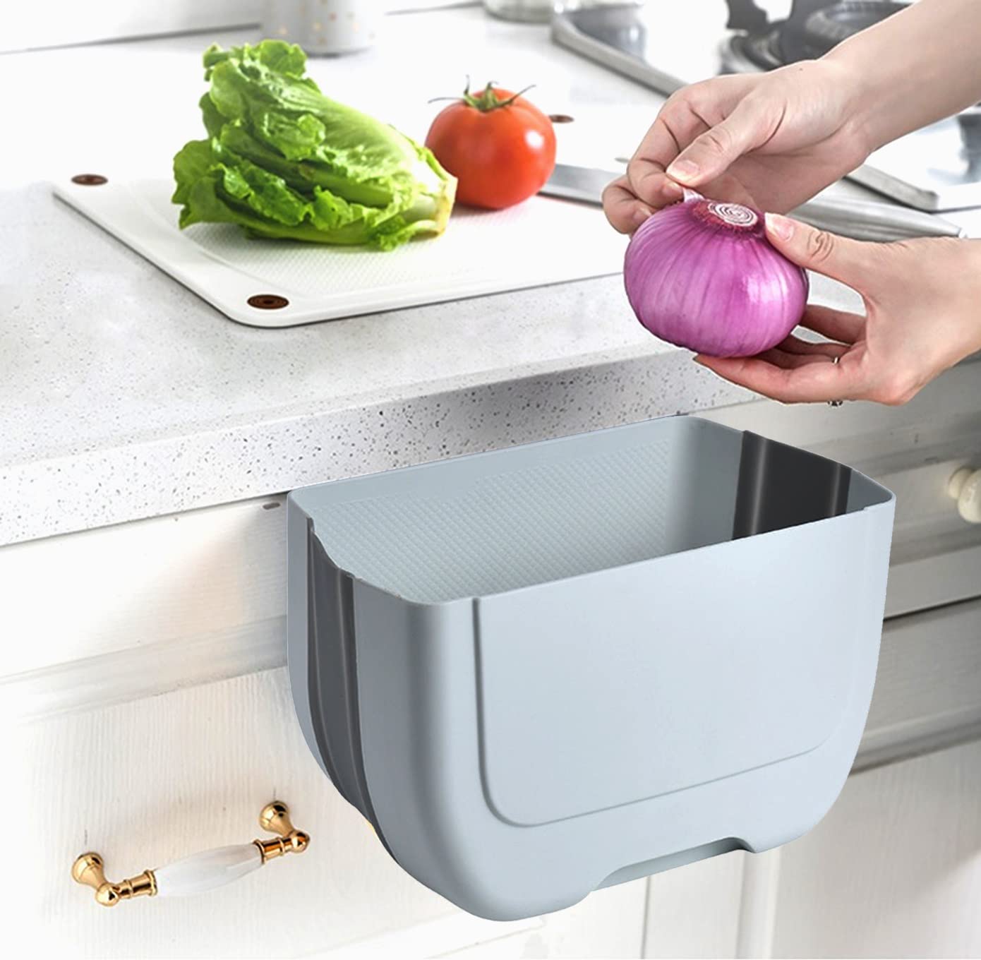 Hanging Folding Mini Trash Can For Kitchen Cabinet Door, Small Collapsible Garbage Bin Under Sink,Wall Mounted Waste Bin- Contai