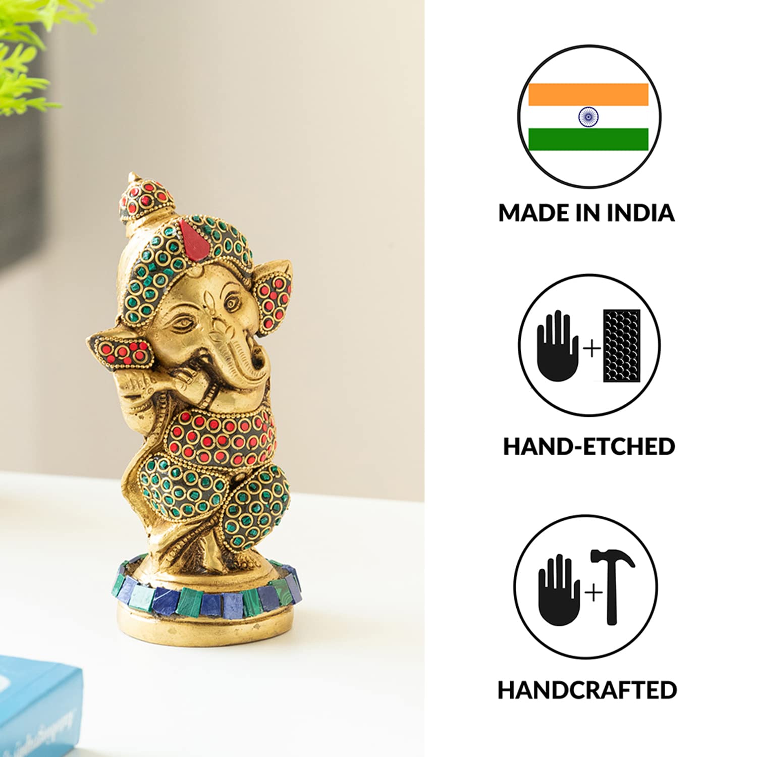Exclusivelane Englighted Ganesha Idol For Home Dcor (Pure Brass, 0.9 Kg) | Lord Ganesh For Pooja Room, Murti, Statue, Ganpati