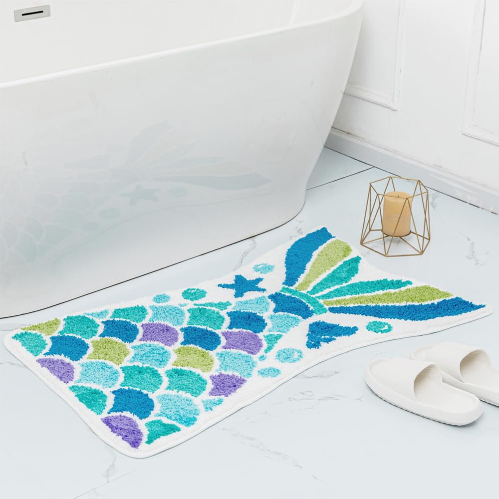 Cute Mermaid Bath Mat Funny Blue Ocean Fish Mermaid Scales Tail Shape Bath Rugs For Bathroom Non-Slip Soft Thick Microfiber Abso