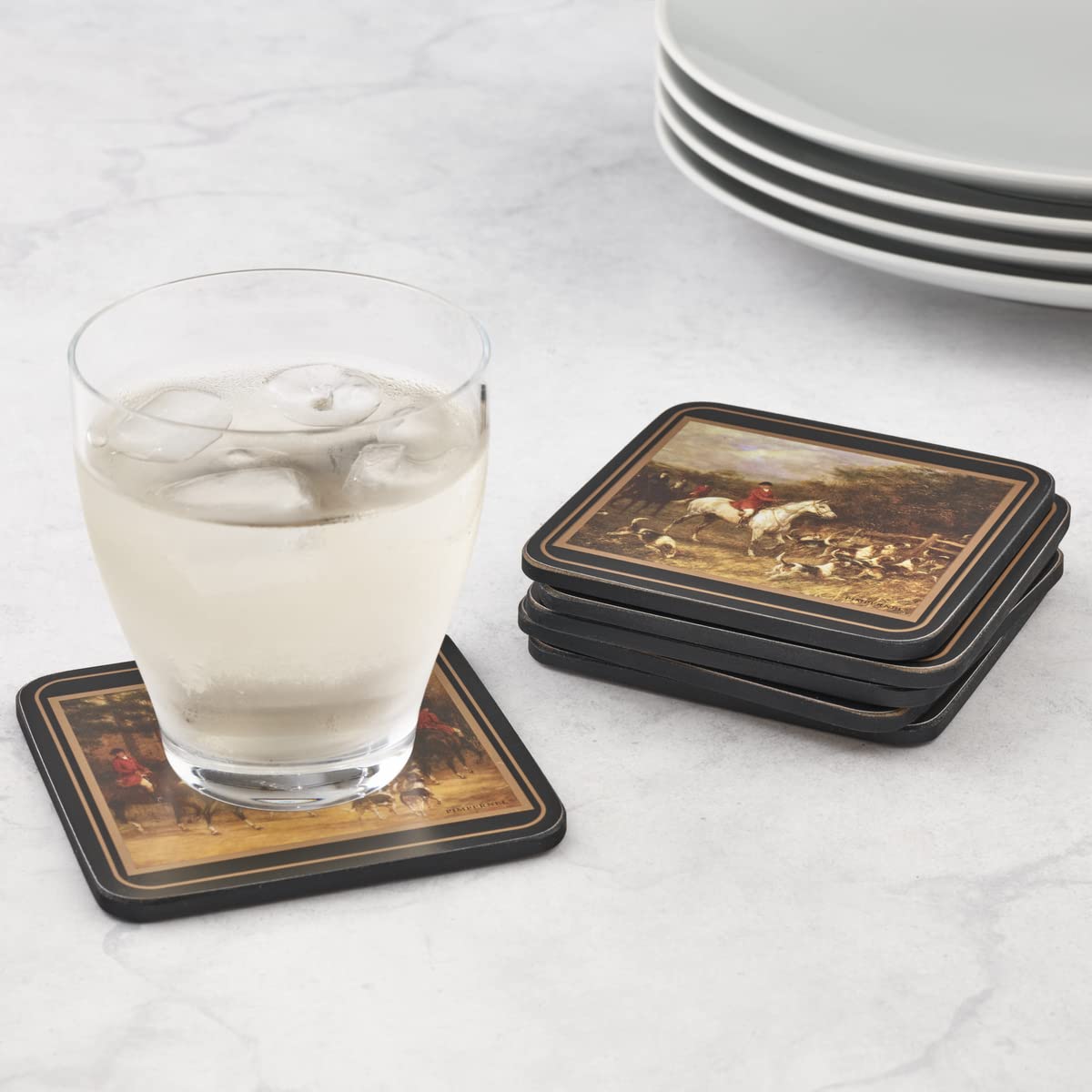 Pimpernel Tally Ho Collection Coasters  Set of 6  Cork Backed Board  Heat and Stain Resistant  Drinks Coaster for Tabletop Protection  Measures 4 x 4