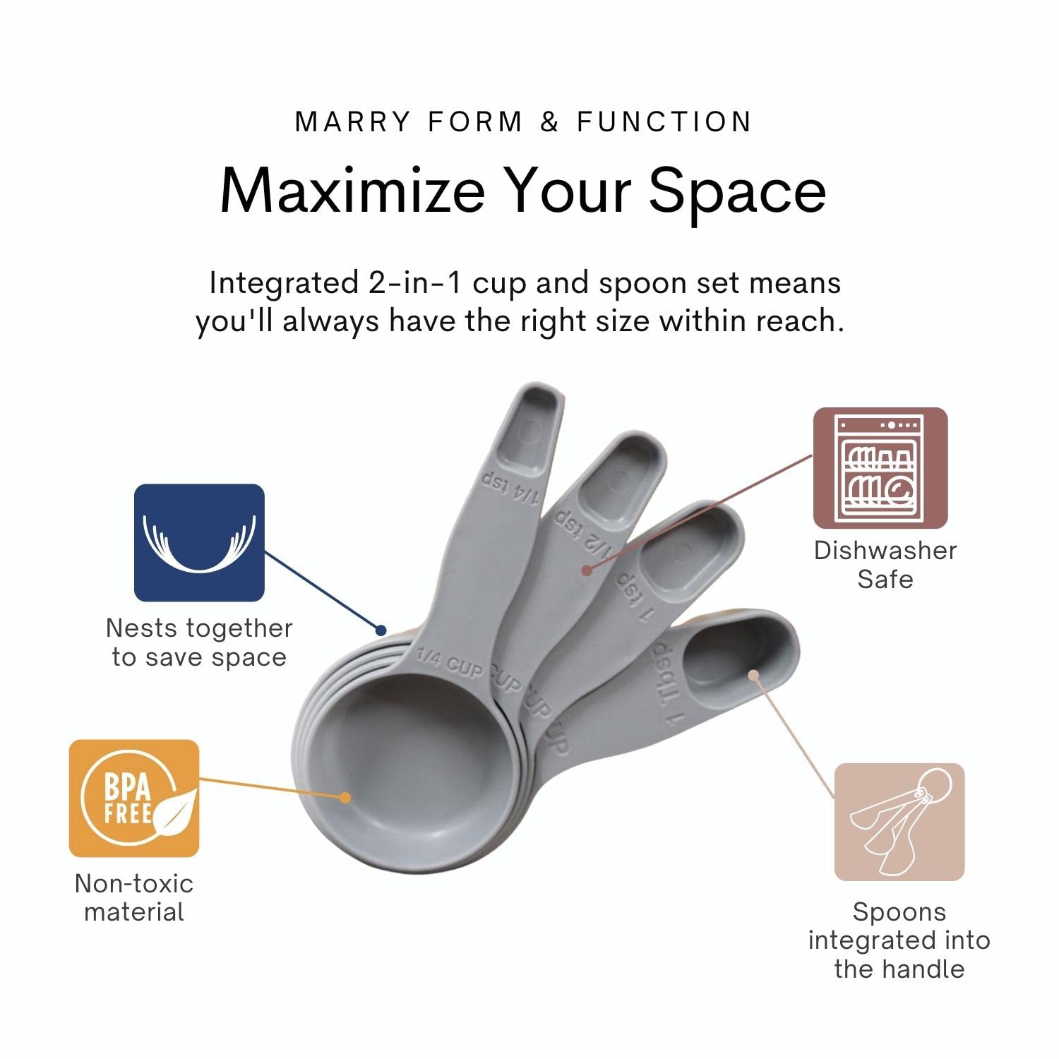 Storage Theory 2 In 1 Measuring Cup And Spoon Set 4 Pcs Grey - Nesting Measuring Cups - Food Grade Material - Dishwasher Safe