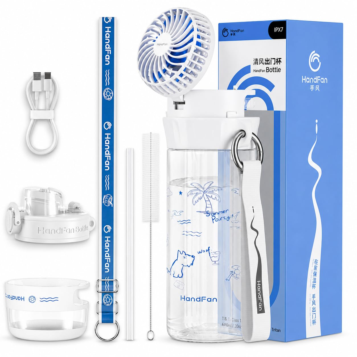 HandFan 20oz Kids Water Bottle with Fan, Tritan Water Bottle with Straw