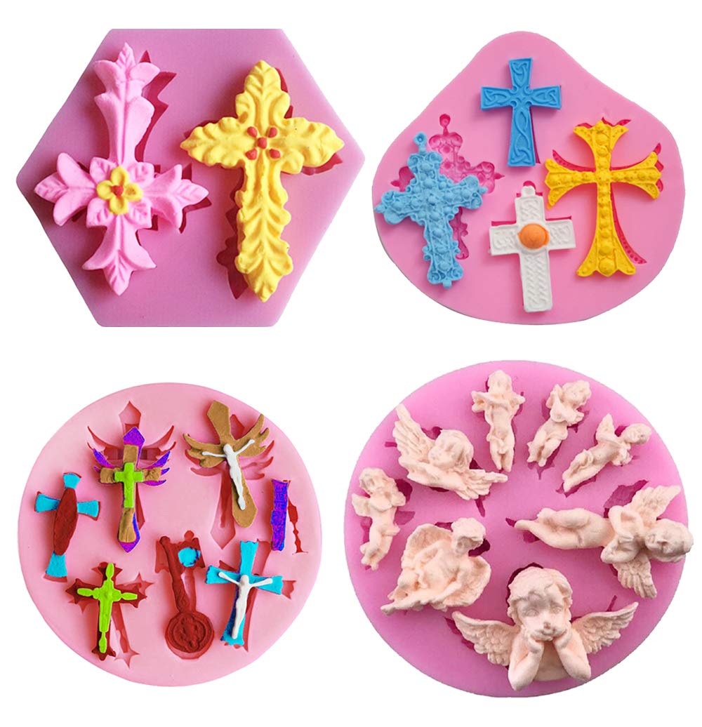 Hiparty Cross Cake Fondant Mold, Angel With Wings Silicone Gum Paste Mold, Baptism Party Cake Pop Cupcake Topper Decoration Supp