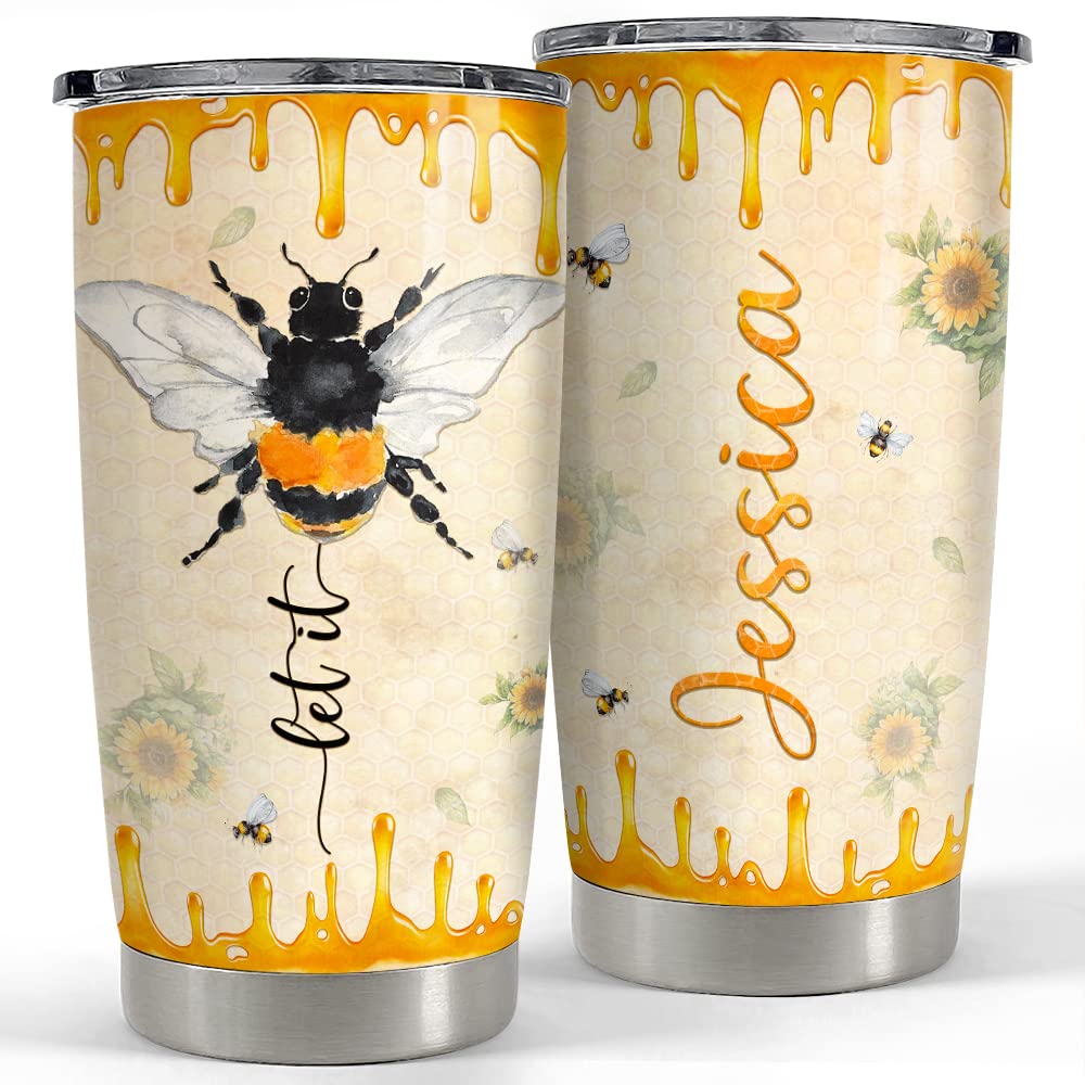 SANDJEST Personalized Bee Tumbler Honey Sunflower 20oz 30oz Tumblers with Lid Gift for Women Girl Daughter Sister Animal Lovers 