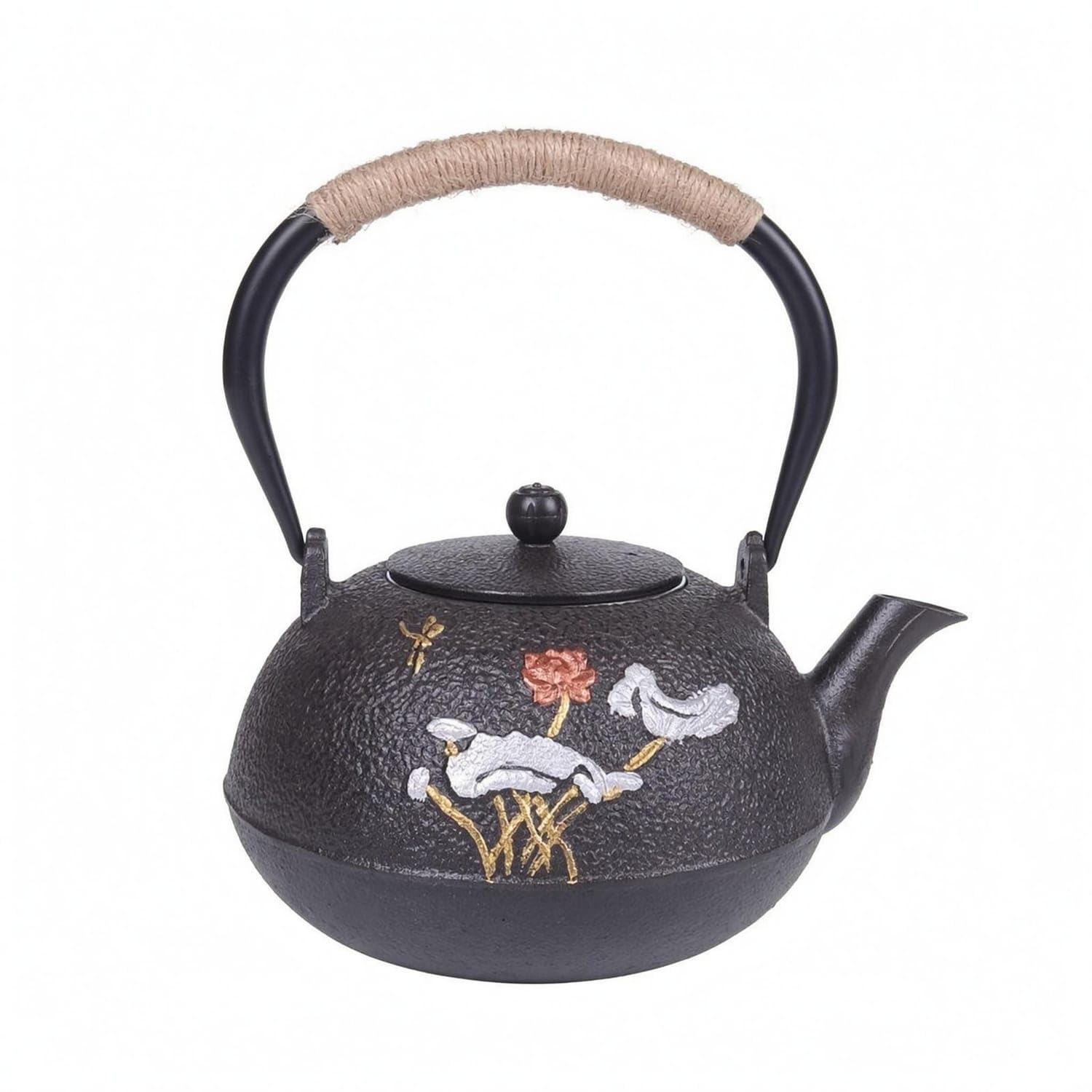 ATORSE Floral Pattern Cast Iron Tea Kettle Textured Decorative Tea Kettle Natural Fiber Cord Home Cookware Arched Handle for Boi