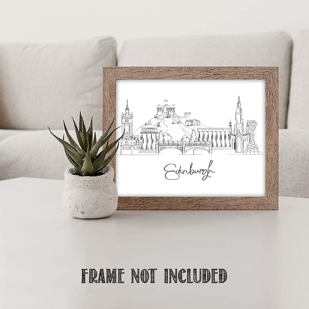 Edinburgh, Scotland Capital City Skyline - Uk Travel Adventures & Vacation Cityscape Wall Art Decor - Unframed 11 X 14 Black & W
