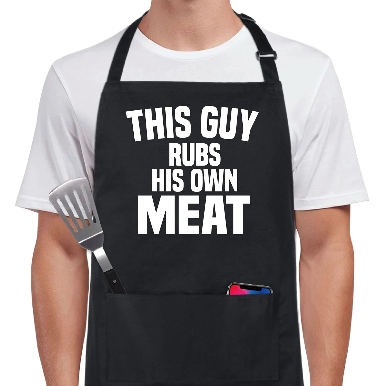 Xornis 100% Cotton Funny Aprons This Guy Rubs His Own Meat With 2 Pockets Bbq Grilling Adjustable Bib Aprons Gifts For Men Dad F