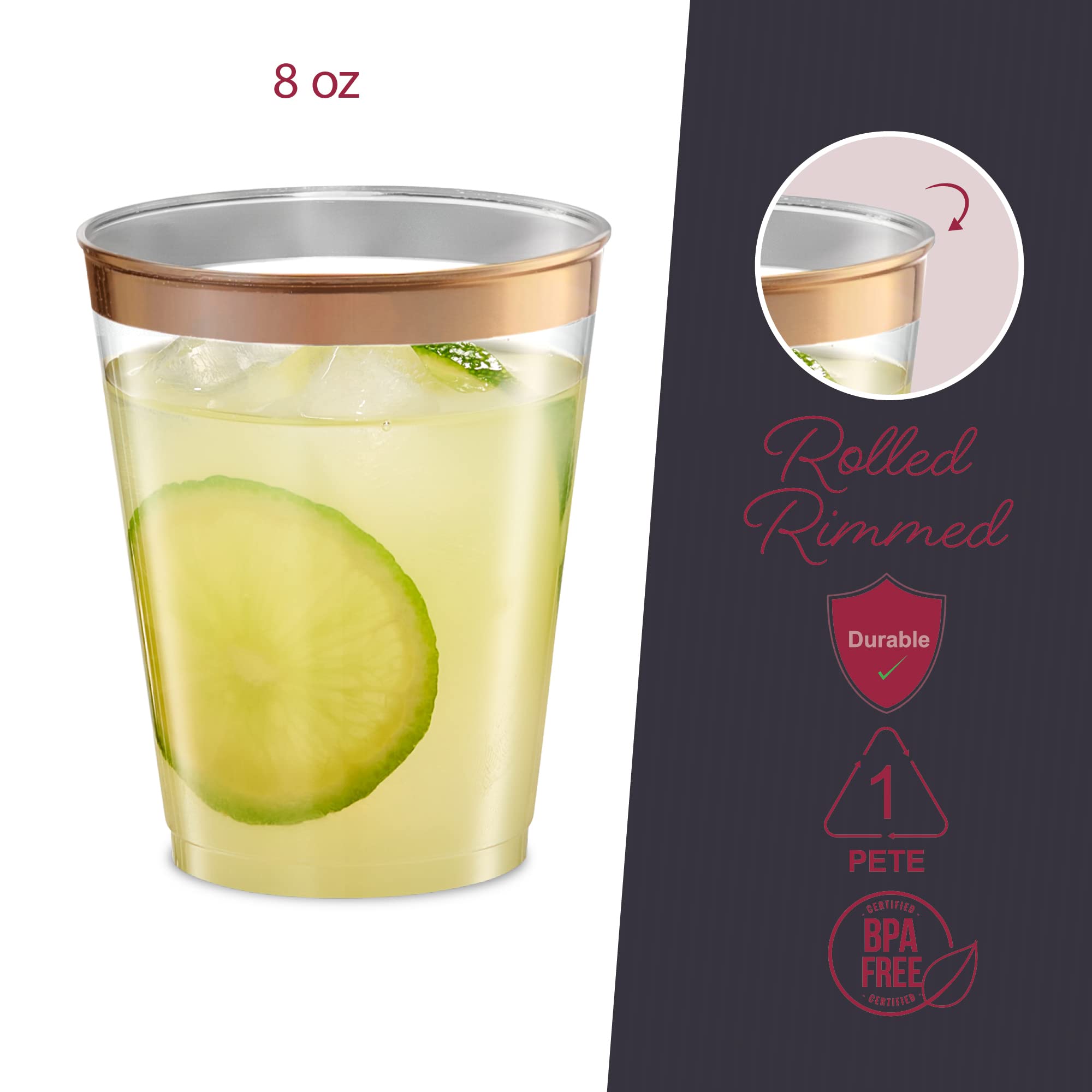 Plasticpro Disposable 8 Oz Crystal Clear Plastic Tumblers With Rose Gold Rim For Party'S & Weddings Pack Of 50