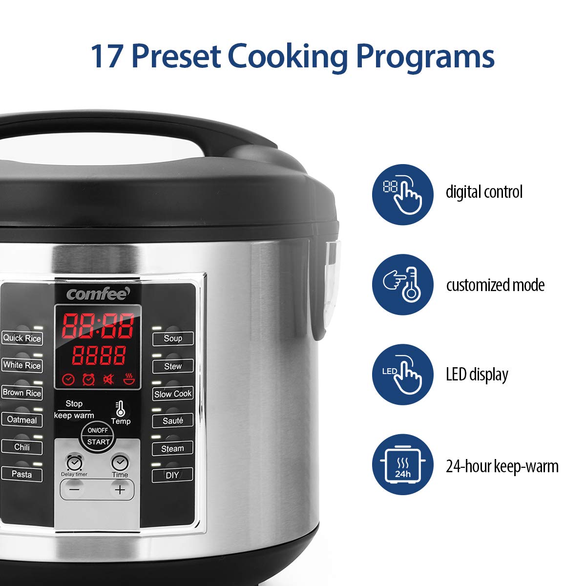 Comfee' Rice Cooker, Slow Cooker, Steamer, Stewpot, Saut   All In One (12 Digital Cooking Programs) Multi Cooker (5.2Qt ) Large
