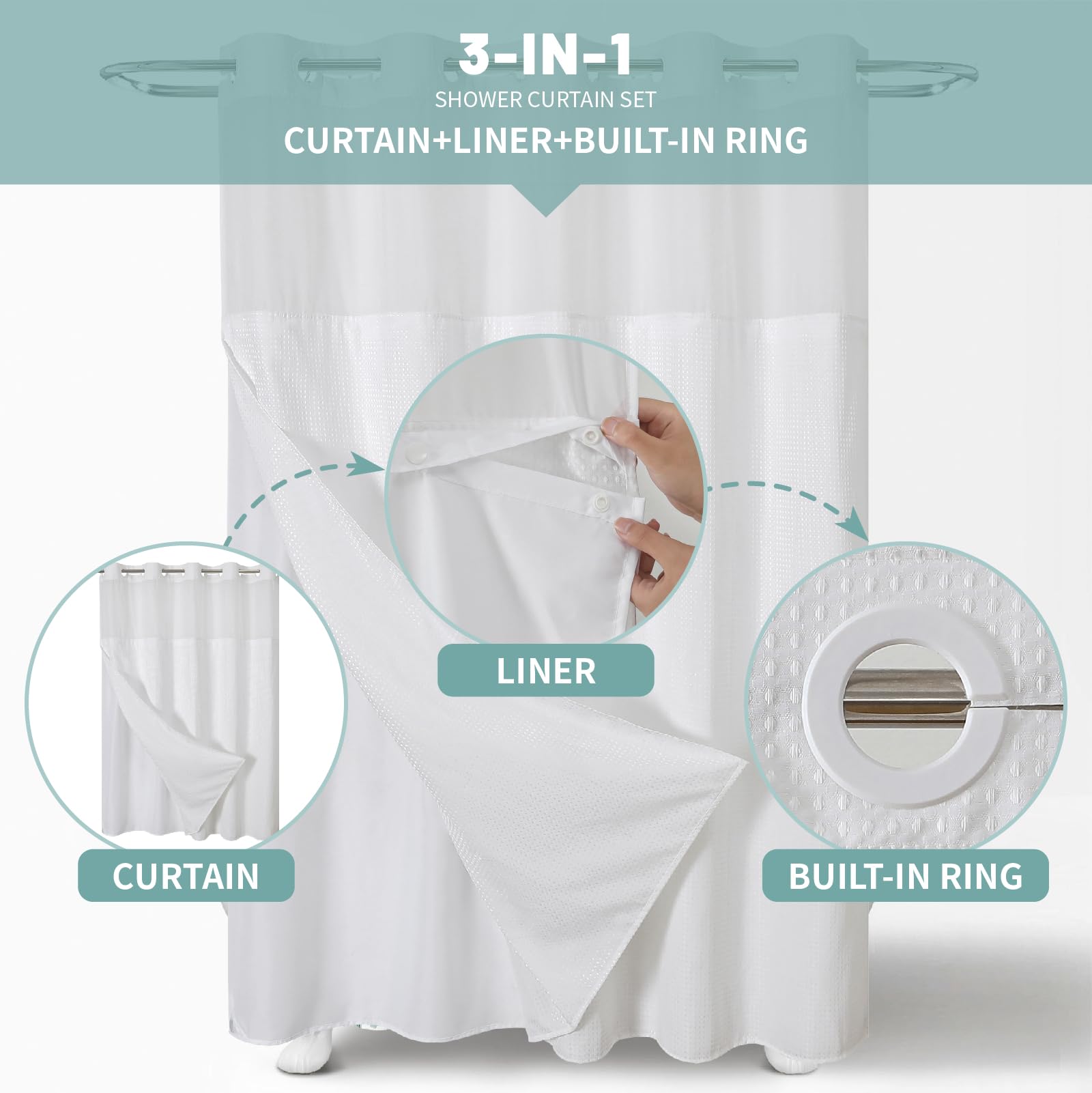 Eachope White Extra Long No Hook Waffle Weave Shower Curtain With Snap-In Liner Replacement, 230Gsm Waterproof Fabric Hotel Show
