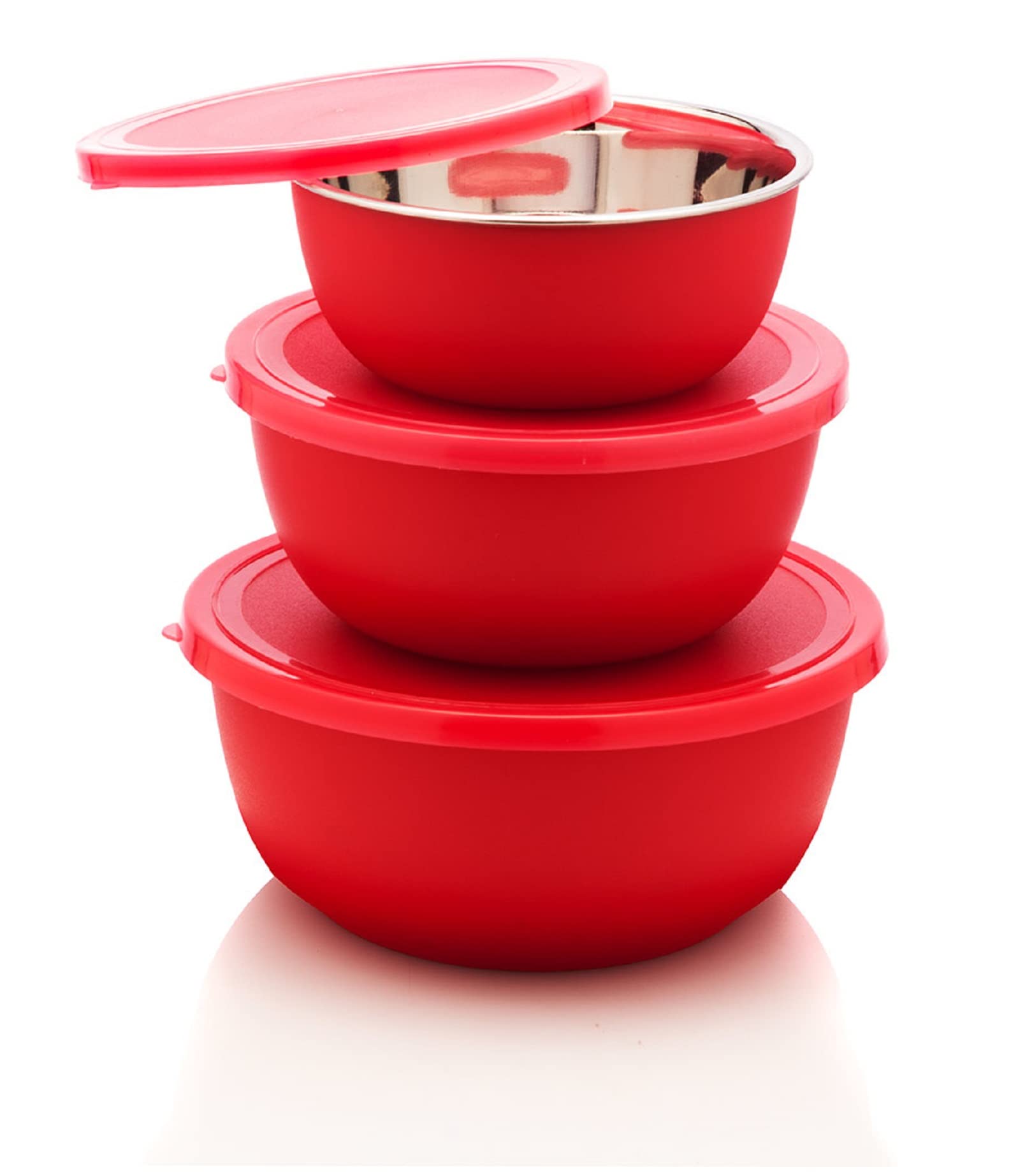 Signora Ware Classic Microwave Safe Steel Container (Set Of 3), 500Ml+800Ml+1250Ml, Red, Standard, Stainless_Steel
