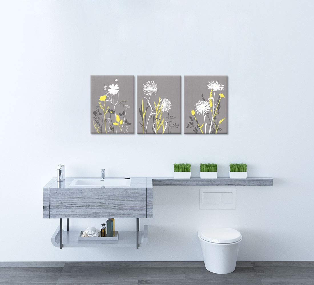 Zlove 3 Pieces Yellow Grey Bathroom Wall Art Abstract Botanical Leaves Simple Life Art Print On Canvas For Modern Home Decor Rea