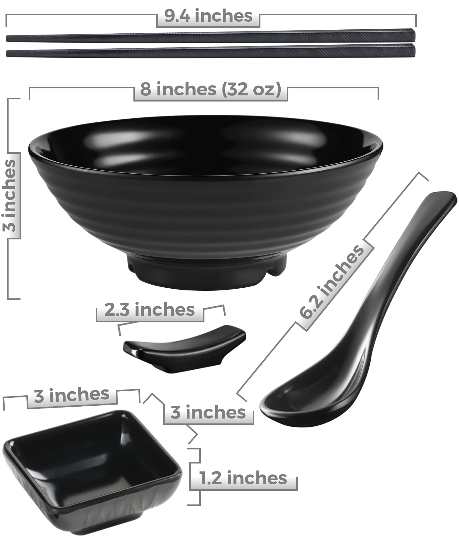 Unbreakable Ramen Bowl Set With Chopsticks And Spoon: 2 Large Japanese Style Melamine Ramen Bowls, Dipping Bowls And Chopstick S