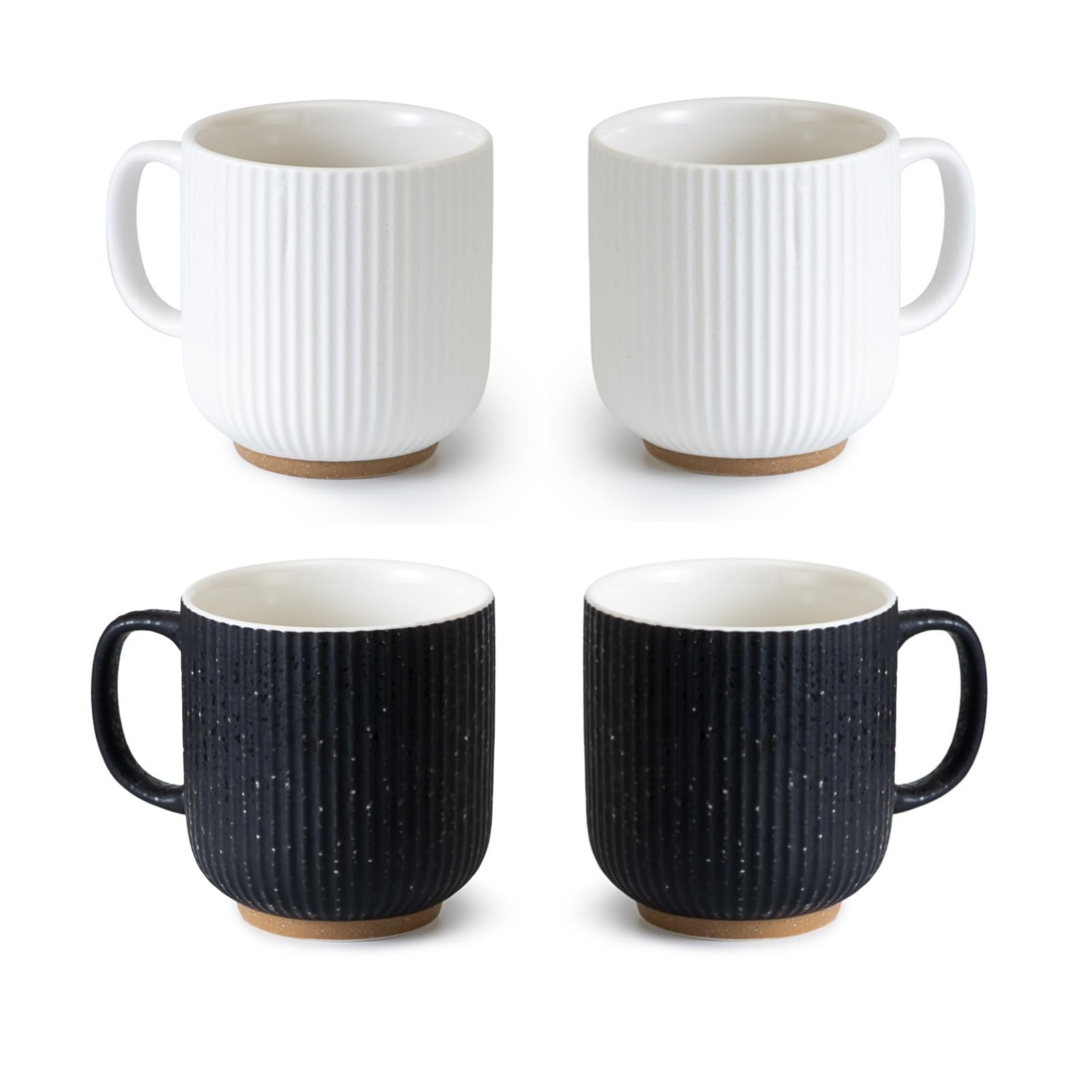 KAITOER Black and White Ceramic Coffee Mugs Set of 4 (12 oz) Large Ceramic Coffee Cups Set Ribbed Coffee Mugs Set, Big Mugs Set 