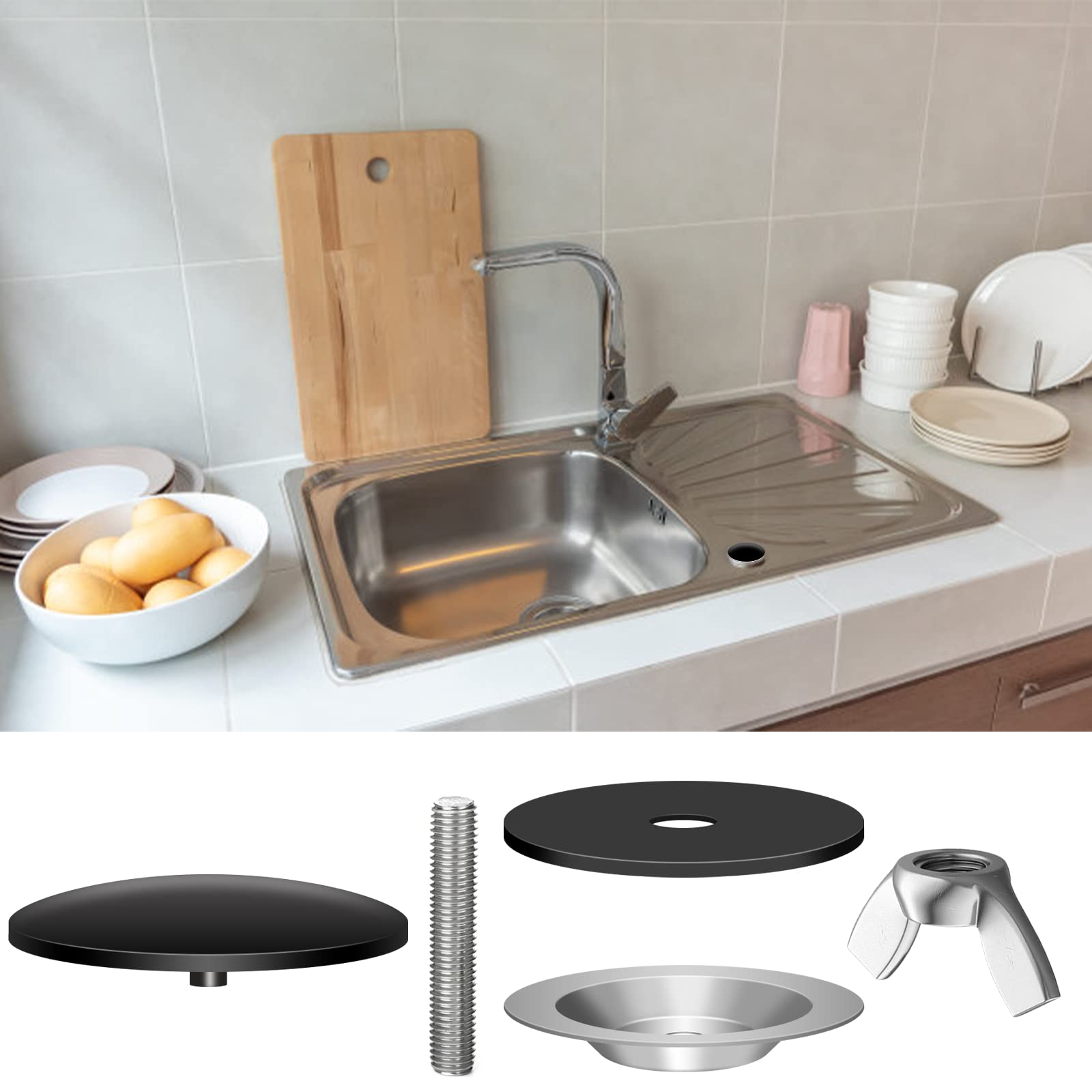 Kibbeh 2 Pcs Sink Hole Cover For Kitchen Stainless Steel Faucet Hole Cover,Sink Plug Stopper Kitchen,Blanking Metal Plug(Black)