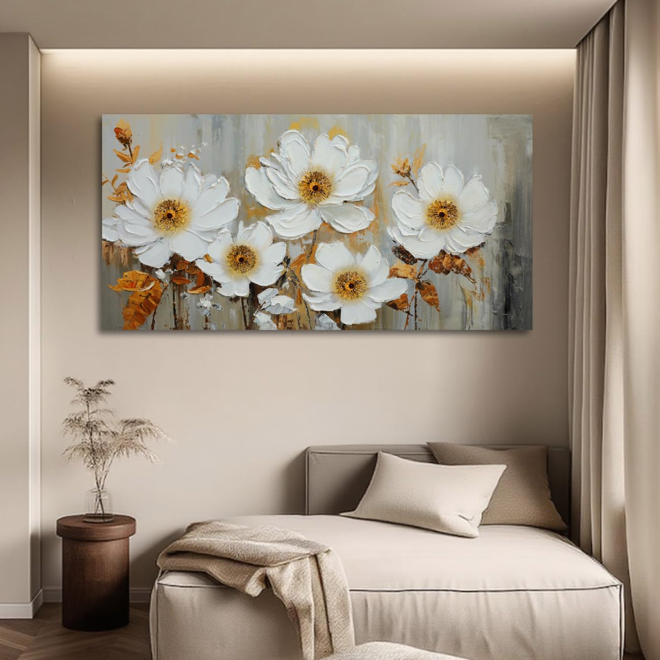 Acocifi Wall Art Flowers Abstract Canvas Painting White Flowers Textured Wrapped Canvas Artwork, Florals Picture Print For Livin