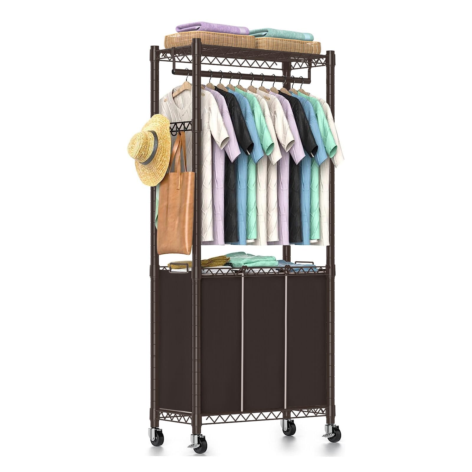 Hodonas Laundry Sorter 3 Section With Hanging Bar, Rolling Laundry Hamper Cart 3-Bag Laundry Basket Organizer Sorter With Hangin
