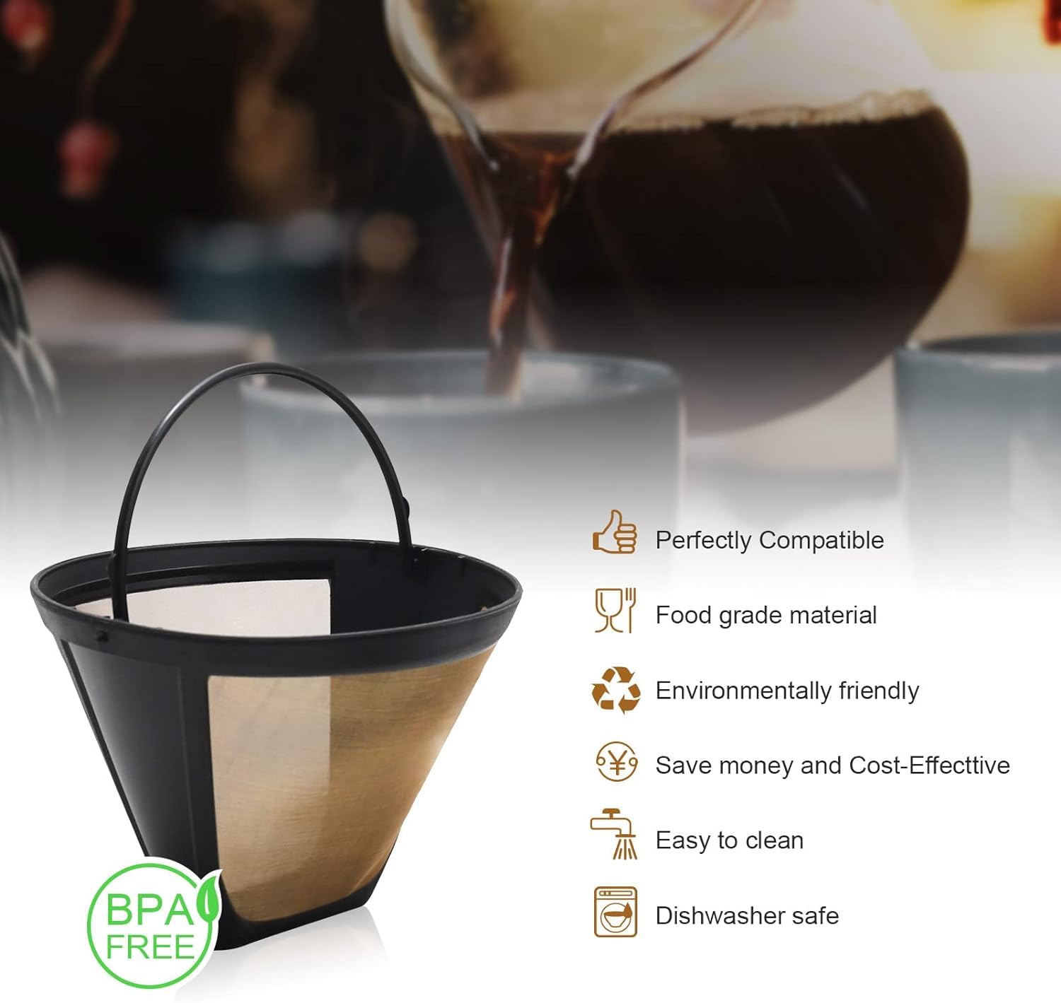 Brikinte 2 Pack Reusable Coffee Filter Replacement Compatible With Cuisinart Coffee Maker, 4 Cone Coffee Filter Basket For Cuisi