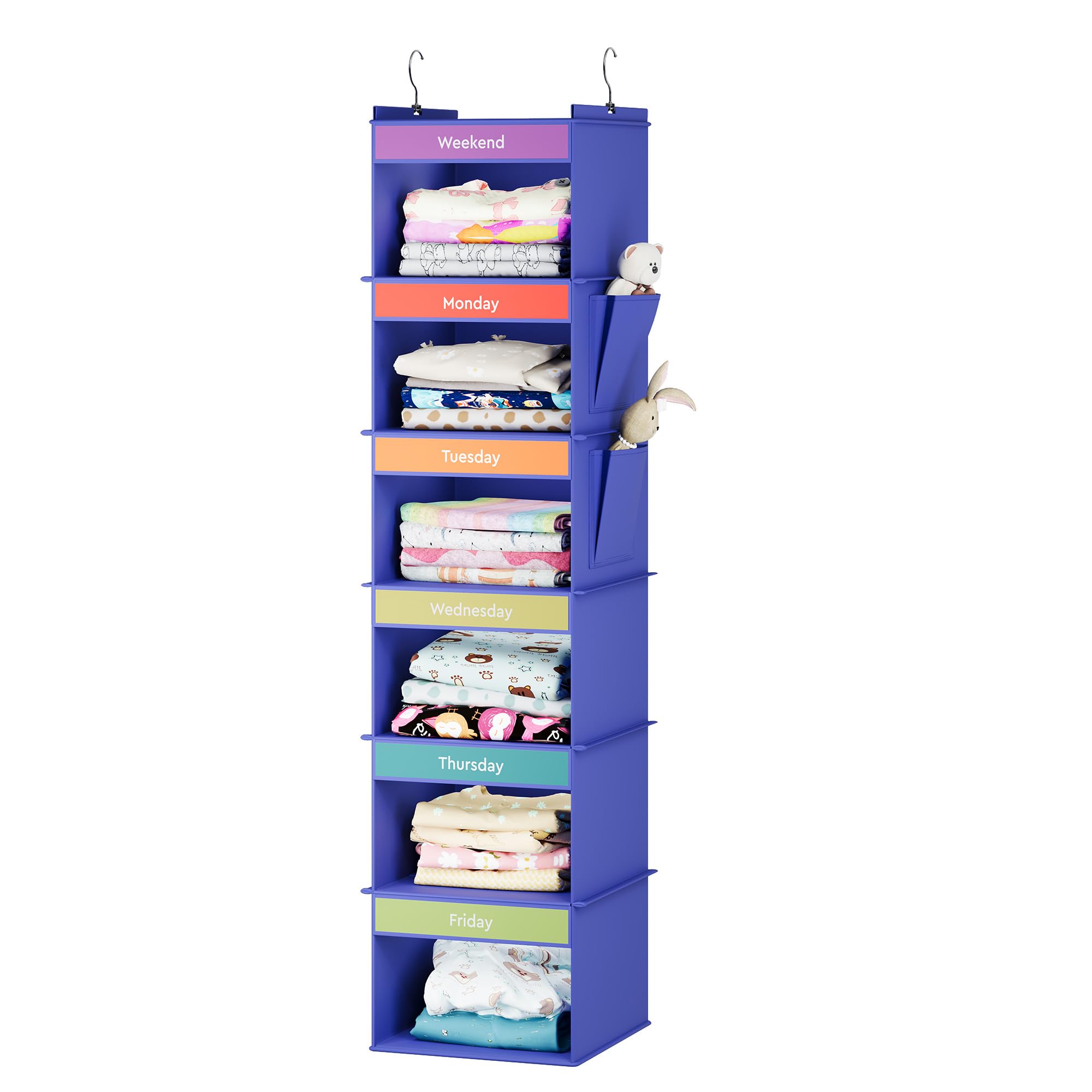 Youdenova 6-Shelf Weekly Hanging Closet Organizer, Weekly Clothes Organizers For Kids With 2 Side Pockets, Blue