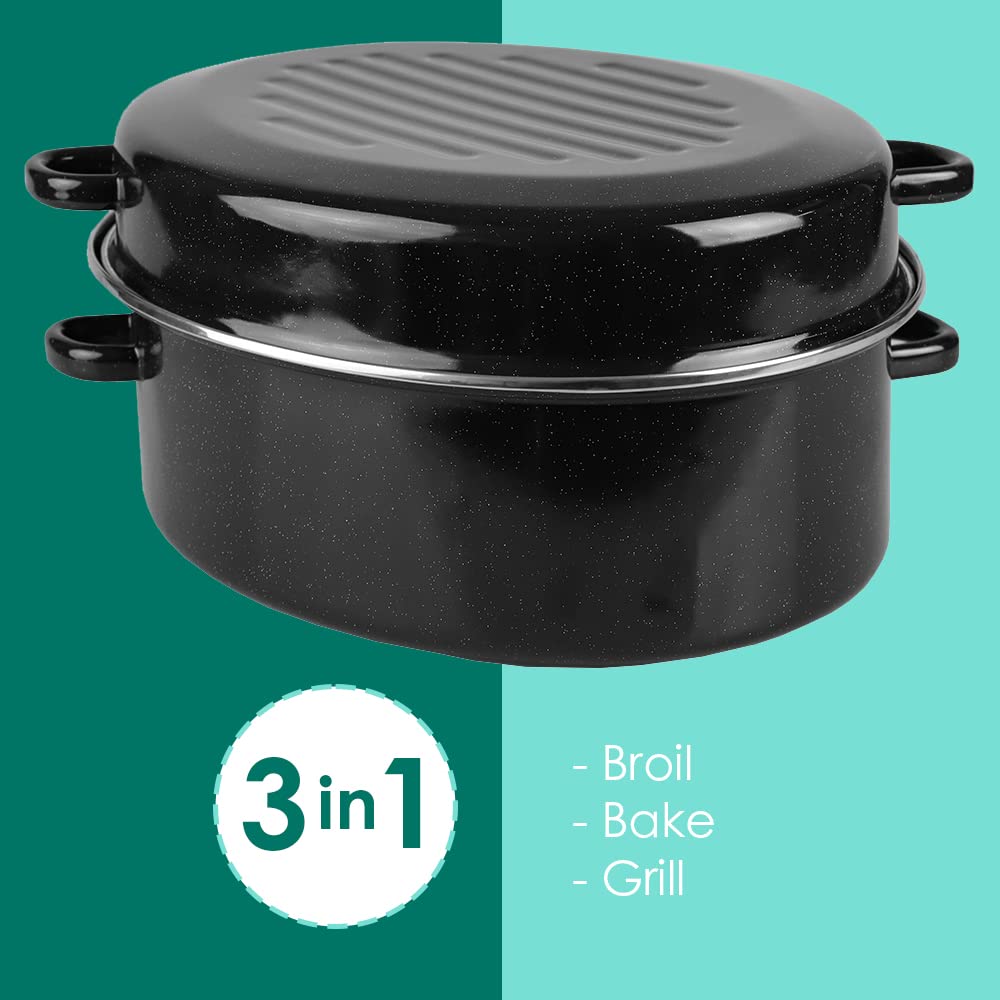 16'' Enameled Roasting Pan With Lid, By Home Basics (Black) | Turkey Roasting Pan | Carbon Steel Large Turkey Roasting Pan | For