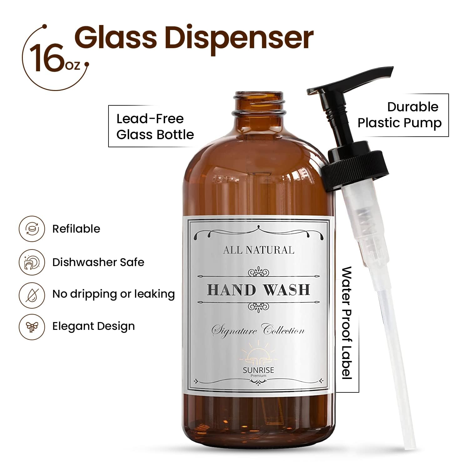 Sunrise Premium, 16 Oz Thick Amber Glass Soap Dispenser With Plastic Pump 2 Pack, Hand And Dish Soap Dispenser Set For Bathroom