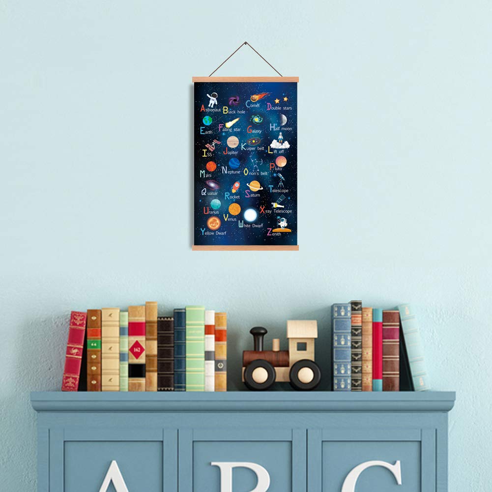 KAIRNE Outer Space Room Decor With Wood Magnetic Poster Hanger Framed ABC Alphabet Space Posters(28X45CM) Space Galaxy Themed Pictures For Boys Room Kids Space Room Nursery Classroom Decor