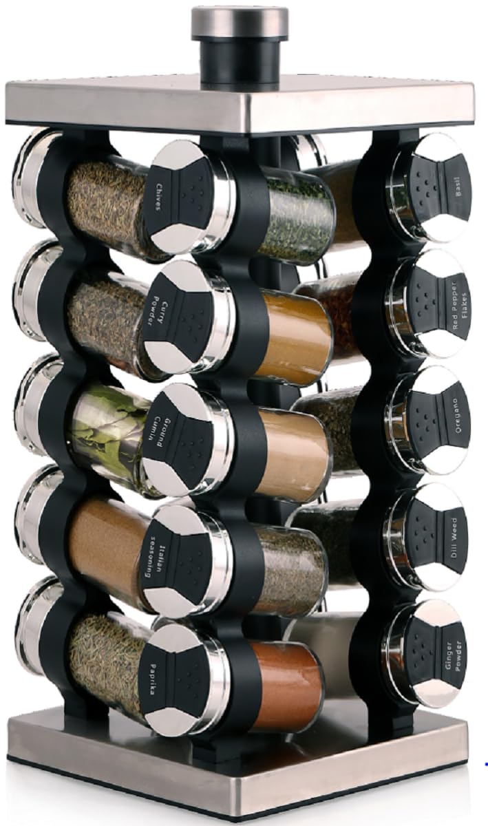 Orii 20 Jar Spice Rack With Spices Included - Tower Organizer For Kitchen Spices And Seasonings, Free Spice Refills For 5 Years