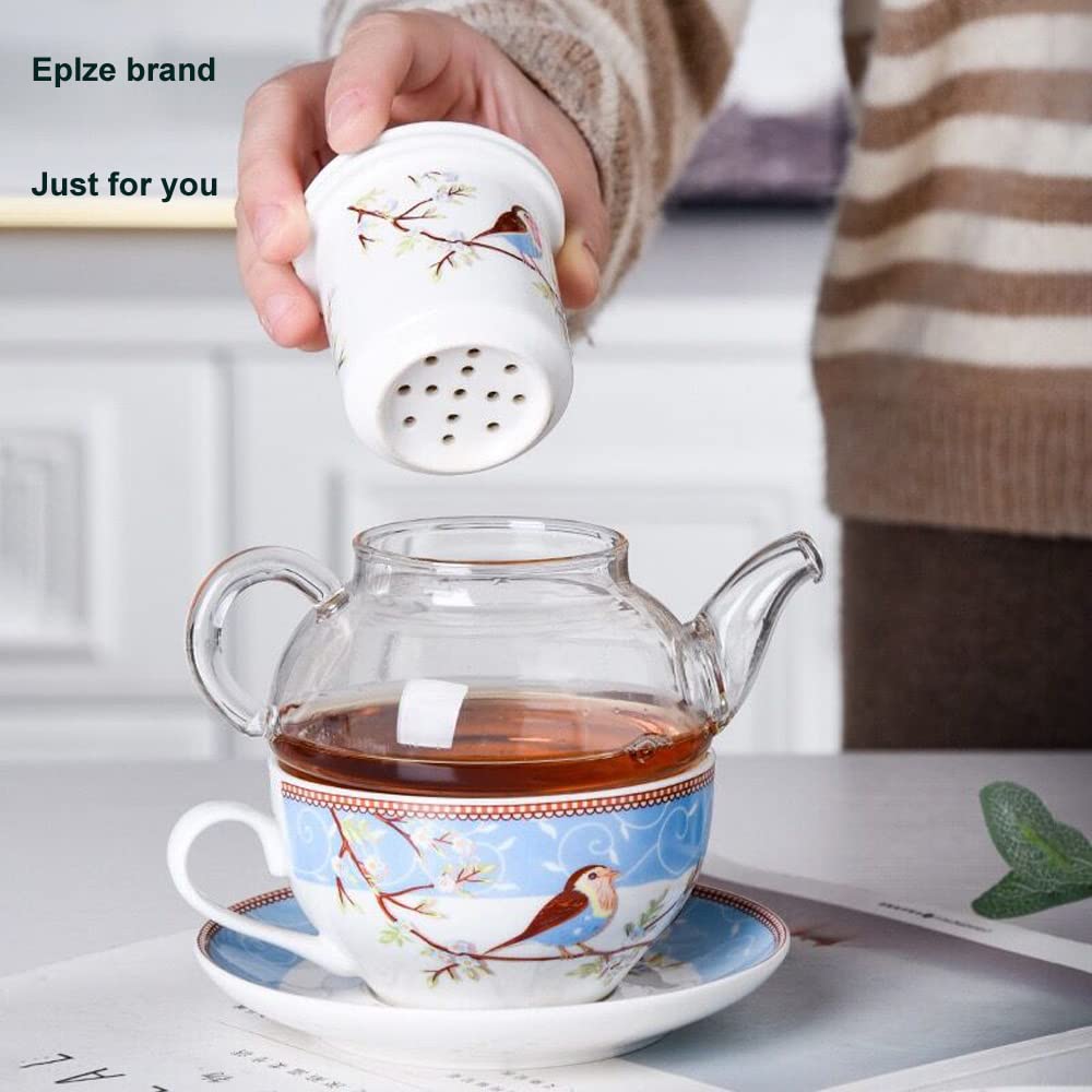 Ybk Tech Tea For One Set, Glass Teapot With Porcelain Infuser Strainer And Cup & Saucer- Happy Bird Pattern (Blue)