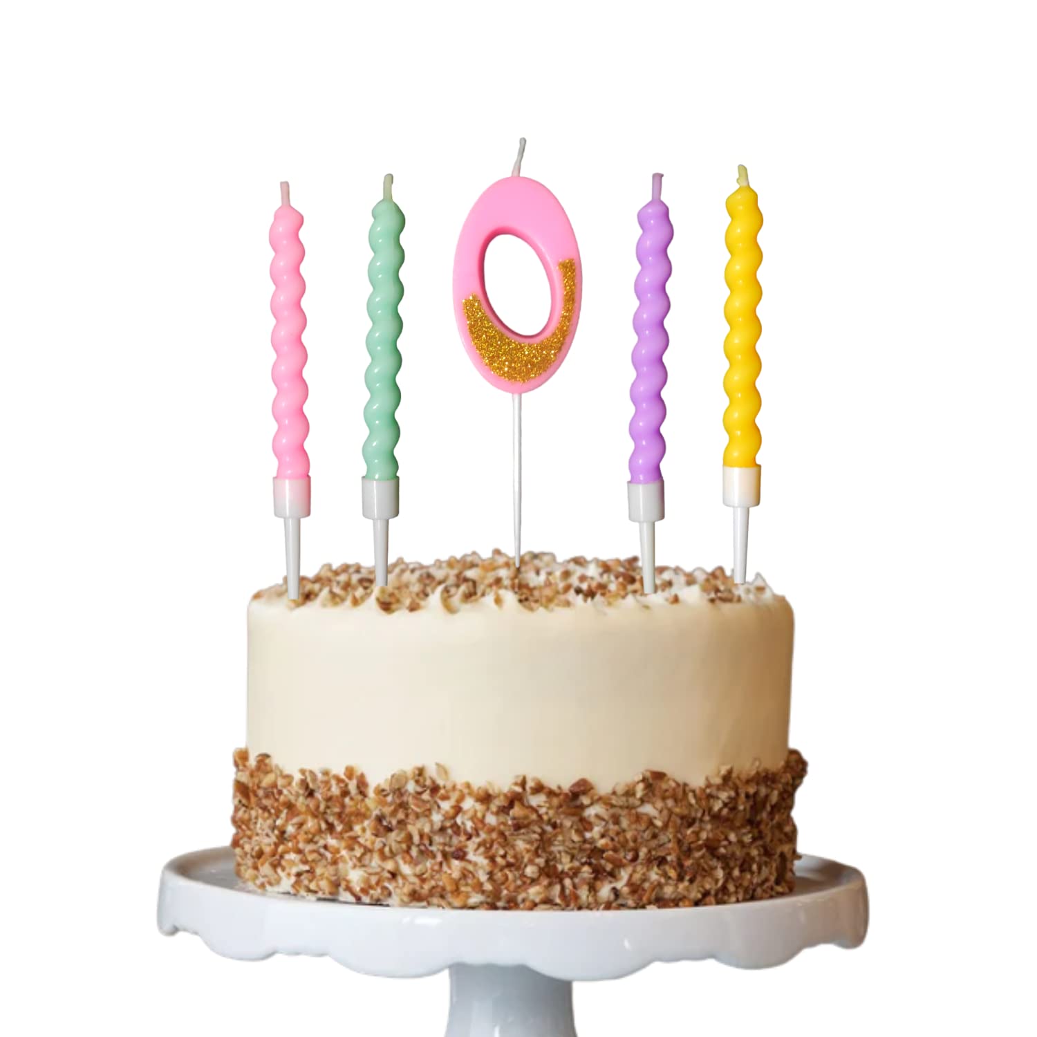 Party Decorz Number 0 Candle | Zero Number Candle | Zero Number Pink Glitter Candle with Pastel Twisted Candle Set of 5pcs for B
